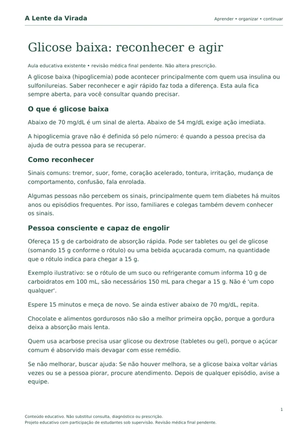 Primeira página do PDF Glicose baixa: reconhecer e agir