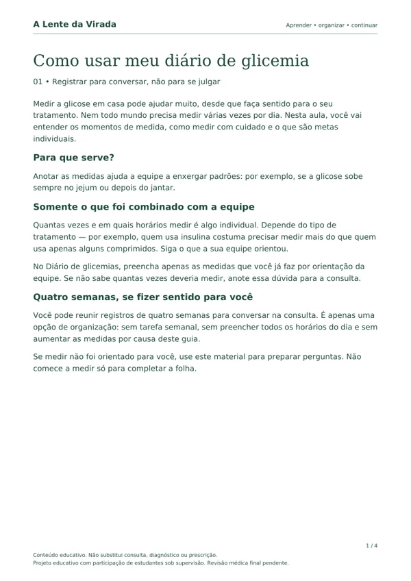 Primeira página do PDF Como usar meu diário de glicemia