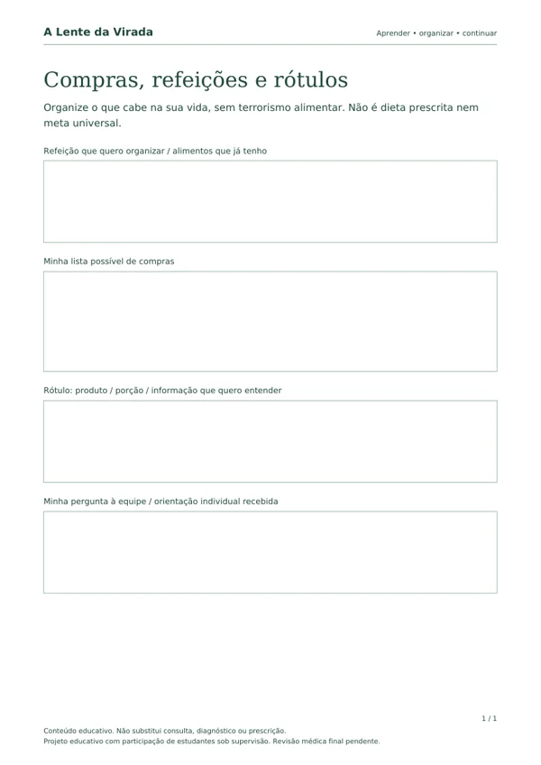 Primeira página do PDF Compras, refeições e rótulos