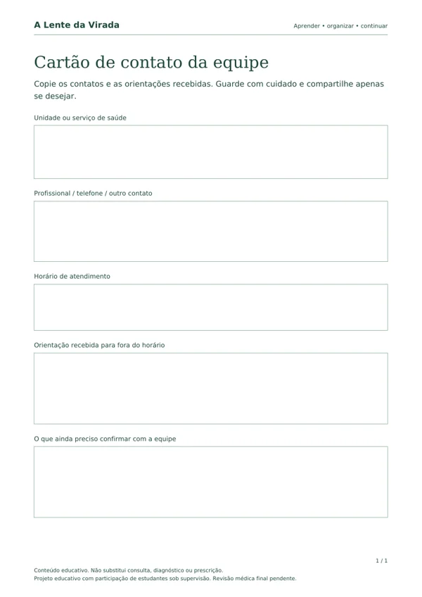 Primeira página do PDF Cartão de contato da equipe