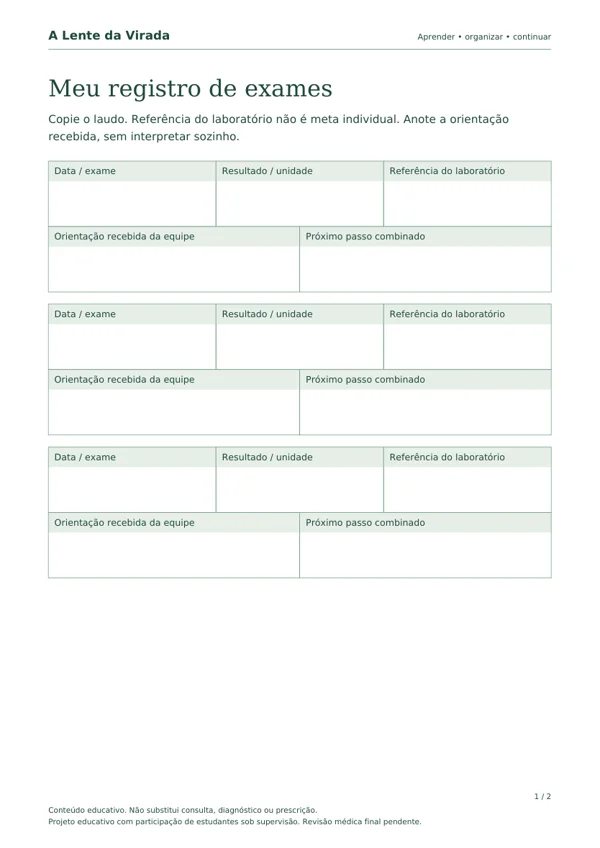 Primeira página do PDF Meu registro de exames